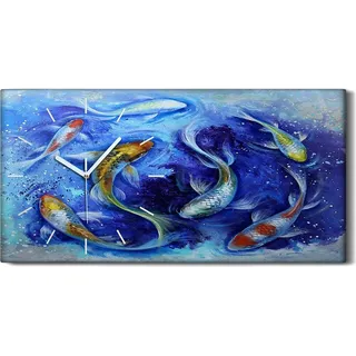 Dekor Leinwand Uhr Wandbilder 60x30 Malerei Tier Fische Koi Wasser Kunst - weiße Hände - Blau