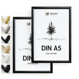 Heimlich® - Bilderrahmen - A5 14,8 x 21 cm, Aluminium, Metall, Schwarz, 2er-Pack – Diplom-Poster-Collage-Rahmen mit Folienabdeckung – Wandmontage oder Tischaufsteller