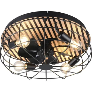 OTTO HOME Deckenleuchte "Norran mit Ventilator, Deckenventilator mit Licht exkl 4x E27 max 10W", schwarz (schwarz matt), 4, Ø 48cm H: 17,5cm, 1 Stk., Leuchten, Holzstreifen Optik Akustikpaneel, Fernbedienung, 3 Stufen + Timer, Deckenleuchte