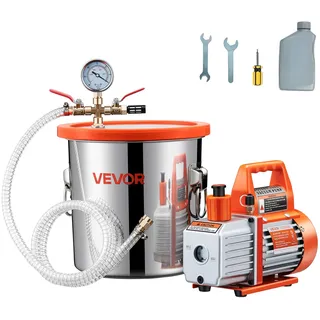 Vevor 11,36 L Vakuumkammer mit Pumpe, 99 L/min, Edelstahl, Entgasungskammer-Kit, einstufig, Deckel aus gehärtetem Glas, 1,5 m Schlauch, zur Stabilisierung von Holzentgasungs-Silikonharz