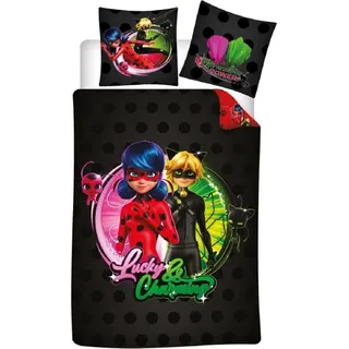 Miraculous Ladybug Bettwäsche-Set Poly-Baumwolle Decke & Kissenbezug 140x200 + 65x65 cm - Schwarz