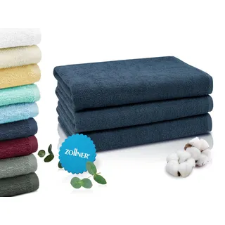 ZOLLNER 3er Set Duschtücher in 70x140 cm - saugstarke und weiche Badehandtücher in dunkelblau - mit praktischem Aufhänger - waschbar bis 60°C - Baumwolle - Hotelqualität
