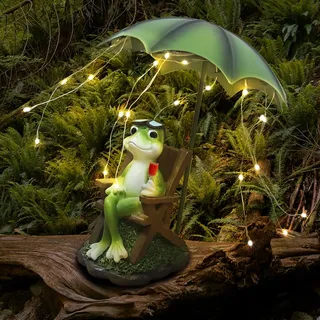 Solar Frosch Statuen Outdoor Garten Dekoration - Lustig Frösche In Den Hof Figuren Ornament mit Solar Ein Schirm, Outdoor Tierfigur Deko Für Draußen Terrasse Rasen Haus, Geschenk für Mutter/Mädchen