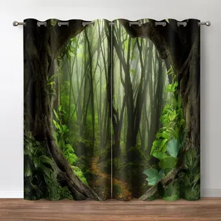 Jekeno Verdunkelungsvorhänge, Wald, Grün, Dschungel, Bäume, Laubdekor, mystische Tropische Landschaft, Naturlandschaft, Wald, Ösen, Fenstervorhänge für Schlafzimmer, Wohnzimmer, 132 cm breit, 213 cm
