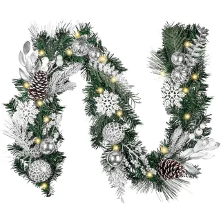 VALERY MADELYN 183 cm weihnachtsgirlande mit Beleuchtung, 20 LED Timer, Christmas Tannengirlande mit Weihnachtskugeln Tannenzapfen für Treppe Tisch Kaminsims Außen, Silber Weiß