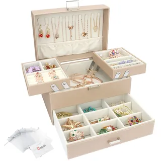 Schmuckkasten, Schmuckkästchen mit Schubladen für Damen Mädchen, PU-Leder Jewelry Box Schmuckbox Schmuckschatulle Groß Schmuckaufbewahrung für Ringe Ohrringe Armbänder Halsketten, Beige