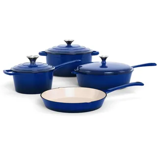 Kitchen Academy, Gusseisen Topf, 7-teiliges Set mit Dutch Ovens, Emailliertes Gusseisen-Kochgeschirr, Soßenpfanne, Pfanne, 3 Deckeln, Dutch Oven Set, Töpfe und Pfannen Set Antihaft (Blau)