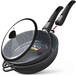 briebe Pfannenset Induktion 2 Abnehmbare Griffe 2-Teilig Pfannen Tiefe 24cm, 28cm mit Glasdeckel Gussaluminium, Antihaft ILAG GRANITEC ohne PFOA, Glaskeramik, Gas, Ofen MGK-19S
