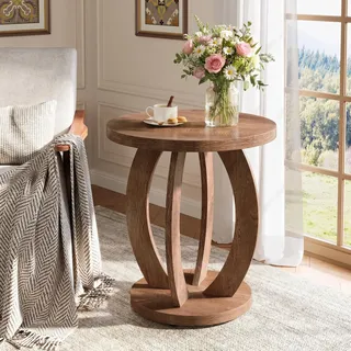 LITTLE TREE Beistelltisch Rund Holz, Couchtisch Vintage Pastoralstil, 50 cm Runder Beistelltisch mit Stauraum, Nachttisch Kleiner Tisch Sofatisch für Wohnzimmer Schlafzimmer Balkon, Braun