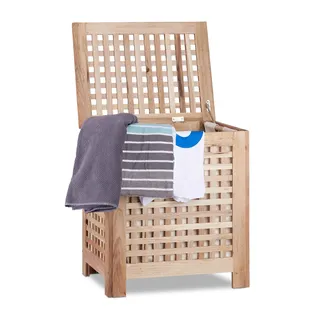 Relaxdays Wäschetruhe Walnuss, Deckel, entnehmbarer Wäschesack 70 l, geschlossener Sammler, HBT:55,5x52,5x39,5cm, natur