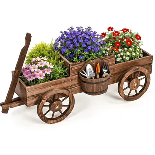 Pamapic Blumenwagen für Garten, Blumenkasten im Wagenstil mit Griff & Rädern, Pflanzkübel Holz für Gemüse, Blumen, Kräuter, Terrasse, Balkon, Innenbereich, Bollerwagen Holz, 158,5x54x41cm, Braun