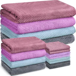 Preboun 12-teiliges Handtuch- und Waschlappen-Set, Badetuch-Set beinhaltet 4 Badetücher, 4 Handtücher, 4 Waschlappen, schnell trocknender Korallensamt, sehr saugfähiges Badezimmer-Handtuch-Set für