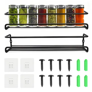 Euablfo 2 Stück Gewürzregal Wand,Gewürzregal Wand Ohne Bohren,Gewürz Organizer,Küchen Gewürzregals Metall Spice Rack Wall,mit beweglichen 4 Haken, Schrauben,für Küchenschrank, Speisekammertür