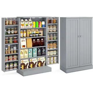 FANTASK Küchenschrank mit Doppeltür, Vorratsschrank mit 6 verstellbaren Einlegeböden, Mehrzweckschrank, Buffetschrank für Esszimmer, Wohnzimmer (Grau)