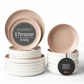 Moritz & Moritz Steingut Geschirr Set 6 Personen – 18-tlg. Teller Set mit Servierteller, Dessertteller & Suppenteller – Farbe Almond – Serie Cavo