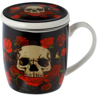 Puckator Skulls & Roses Totenkopf Tasse aus Porzellan mit Teeei und Deckel