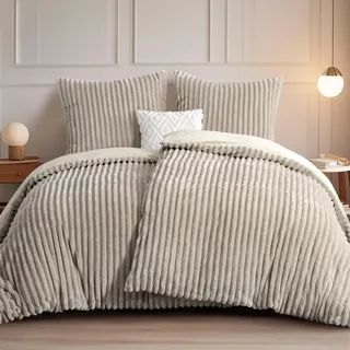 RUIKASI Winter Flanell Bettwäsche 135 x 200 4teilig Beige, Plüsch und Warm | Kuschelige Flauschige Winterbettwäsche, Cord Teddy Fleece Cashmere-Touch Bettbezug mit Reißverschluss + 2 Kissenbezug 80x80cm
