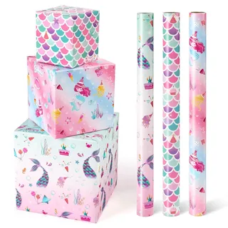 WERNNSAI 3 Rollen Meerjungfrau Geschenkpapier 3m x 43cm Mädchen Rosa Rolle | Meerjungfrau Geburtstags Geschenkpapierrollen für Mädchen, Rosa Ozean Geschenkverpackung mit Schnittlinien, Babyparty Deko