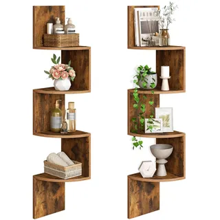 HOOBRO Wandregal 2er Set, Eckregal, Schweberegal, 4-stufiges Regal, einzigartiges Zickzack-Design, platzsparend, für Wohnzimmer, Schlafzimmer, Esszimmer, Retro-Braun EBF25BJP201