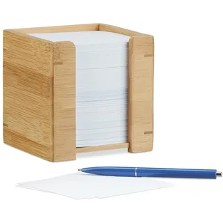 Relaxdays Zettelbox braun inkl. 900 Notizzettel Halter, Blatt, H x B x T: 10,5 x 10,5 x 10,5 cm, natur