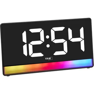 TFA Dostmann Wecker digital mit Stimmungslicht, 60.2051, Farbverlauf oder 8 Farben, 4 Helligkeitsstufen, Alarm mit Snooze, gut ablesbar, Ladefunktion, schwarz