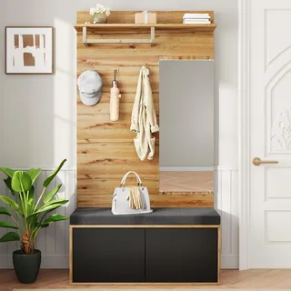 Fortuna Lai Garderobenset mit Spiegel und Polsterkissen – Kompaktgarderobe für Flur mit Schuhschrank, Regal und Garderobenpaneelen – 100 x 190 x 38 cm