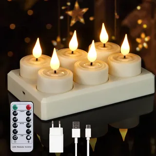 Cibnew 6 Stück Wiederaufladbare Teelichter Flackernd mit Fernbedienung & Timerfunktion,LED Kerzen mit Ladestation und USB-Kabel für Halloween Party Deko (6 Stück mit Ladestation)