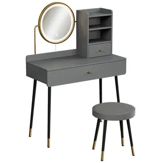 Vicco Schminktisch Mirela Grau 90 cm mit LED-Spiegel und Hocker , Holzwerkstoff , 2 Fächer , 2 Schubladen , Rechteckig , 90x130x40 cm , Schlafzimmer, Schminktische