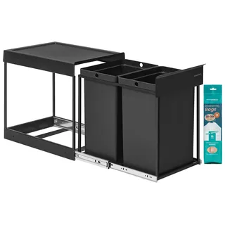 SONGMICS Mülleimer Küche, ausziehbar, Stahlrahmen, ABS-Deckel – tintenschwarz, Größe 2 x 20 L