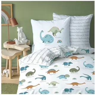 MTOnlinehandel Dino Bettwäsche 135x200 80x80, Dinosaurier, Regenbogen, 100% Baumwolle, Reißverschluss - Öko Tex Zertifiziert hochwertig & hautfreundlich - Kinder-Bettwäsche für Mädchen, Jungen