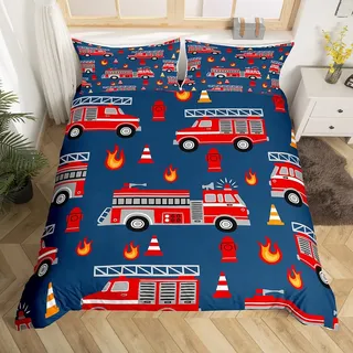 Loussiesd Feuerwehrauto Bettwäsche Jugendliche Auto Bettwäsche 135x200cm Jungen Feuerwehrmann Bettwäsche Set Blau Rot Zimmerdeko Thema Brandschutz Bettbezug Set Brandschutzwissen, Reißverschluss