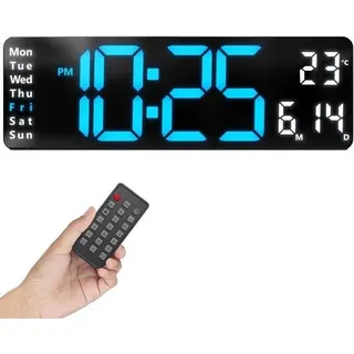 Digitale Wanduhr XL Blauw/Wit, LED-Licht, Temperaturanzeige, Stille