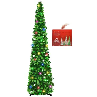 N&T NIETING Künstlicher Weihnachtsbaum mit Beleuchtung, Pop Up Weihnachtsbaum 150cm, Faltbarer Weihnachtsbaum künstlich für Weihnachtsdeko, Partybedarf, Innen & Außen Haus Dekoration, Grün