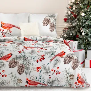 Eurofirany 3-tlg Bettwäsche 200x220 cm weiß rot Vogel Weihnachten Deko - Weiß