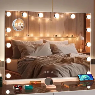 Puselo Schminkspiegel mit Beleuchtung, Tischspiegel mit 14 dimmbare LED-Lichter, 3 Farbtemperaturen, 50x40 cm Kosmetikspiegel mit Touch-Control & USB-Anschluss, Für Tischplatte & Wandhalterung