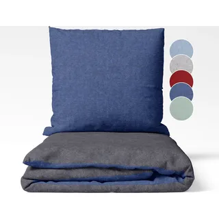 sleepling Biber Bettwäsche, Feinbiber 200 x 200 cm, Wendebettwäsche dunkelgrau-dunkelblau, 2 Bettbezüge und 2 Kissenbezüge 80 x 80 cm - Dunkelgrau