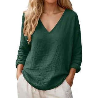 Musselin Bluse Damen Sommer Leicht Leinenbluse Elegant V-Ausschnitt Tshirt Lässig Baumwolle Leinen Langarmshirt Bequem Einfarbig Oberteile 3/4 Ärmel Tunika Tops Oversized Longshirt T-shirt Kurzarm