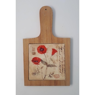 Topfuntersetzer Holz/Keramik mit Griff Dekor Mohnblumen 19 x 33 cm