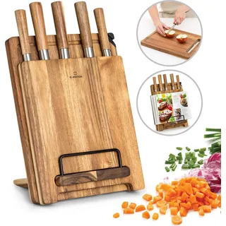 Klarstein Küchenmesser Set mit Messerblock Selbstschärfend, Messerset mit Akazienholz-Messerblock, 5 Scharfe Messer, Kratzfeste Edelstahl-Messer