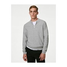 Mens M&S Collection Pullover aus Baumwollmischung mit halbem Reißverschluss und Strukturmuster - Grey Mix, Grey Mix, XL-LNG