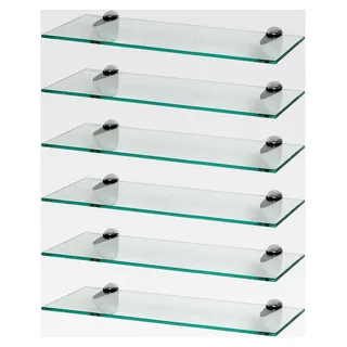 6X Klare 50 cm Schwebende Wandregale aus Glas - Regale für Badezimmer, Dusche und Küche mit Silbernen Klammern