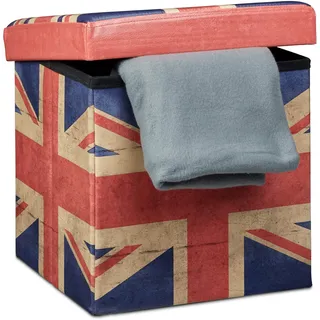 Relaxdays Faltbarer Sitzhocker 38 cm stabiler Sitzwürfel mit trendigen Motiven als praktische Fußablage als Sitzwürfel mit bedrucktem Kunstleder als Aufbewahrungsbox mit Stauraum und Deckel, UK, H x B x T: ca. 38 x 38 x 38 cm