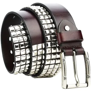 AGUTALITHIC Nietengürtel Herren Und Damen Rindsleder Ledergürtel 3 Reihen Pyramide Metall Nieten Gürtel Für Jeans, Hosen, Gothic, Punk, Rockwear(110cm/43, Coffee)