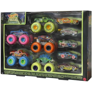 Hot Wheels Monster Trucks Multipack mit Leuchteffekt im Dunkeln, 10 Fahrzeuge im Maßstab 1:64, 5 Monster Trucks und 5 Fahrzeuge für Sammler und Kinder, HCB57