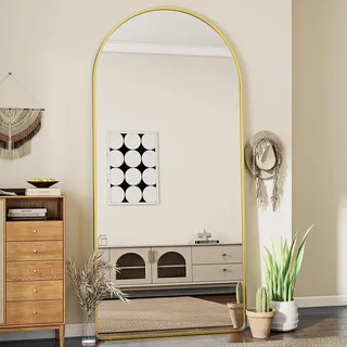 Koonmi 76 x 171 cm Gewölbter Top Ganzkörperspiegel mit Runden Ecken - Ganzkörperspiegel Groß Frei Stehend-Hängend-Lehnend, Boden Standspiegel als Ankleidespiegel für Wohnzimmer, Gold