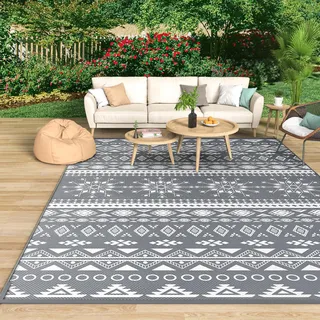 MOKANI Outdoor Teppich Wetterfest, Wendbarer Balkon Camping Teppich 180x270 cm, Kunststoff Stroh Terrasse Matte UV-beständige Outdoorteppich Rug Carpet für Garten RV Picknick, Boho-Style, Grau