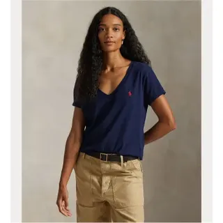 Polo Ralph Lauren für Damen. 211B14611008 Marineblaues T-Shirt mit V-Ausschnitt (S), Lässig, Baumwolle, Kurzarm