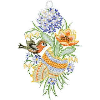 W. Reuter & Sohn - Plauener Spitze Fensterbild "Osterei und Vogel" Made in Germany, blau, bunt, gelb