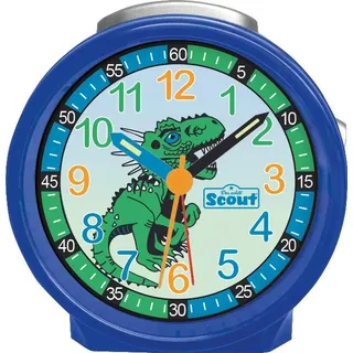 Scout Wecker analog mit blauem Gehäuse der Serie "Blue Dino" mit buntem Lernziffernblatt und Dino-Motiv - Blau