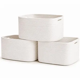 OrganiHaus Regalkörbe, Wollkorb, Aufbewarungs Korbe, Aufbewahrungsboxen Stoff, Stoffkörbe, Wäschekorb Flach, 3er Aufbewahrungskorb Set, Weiß